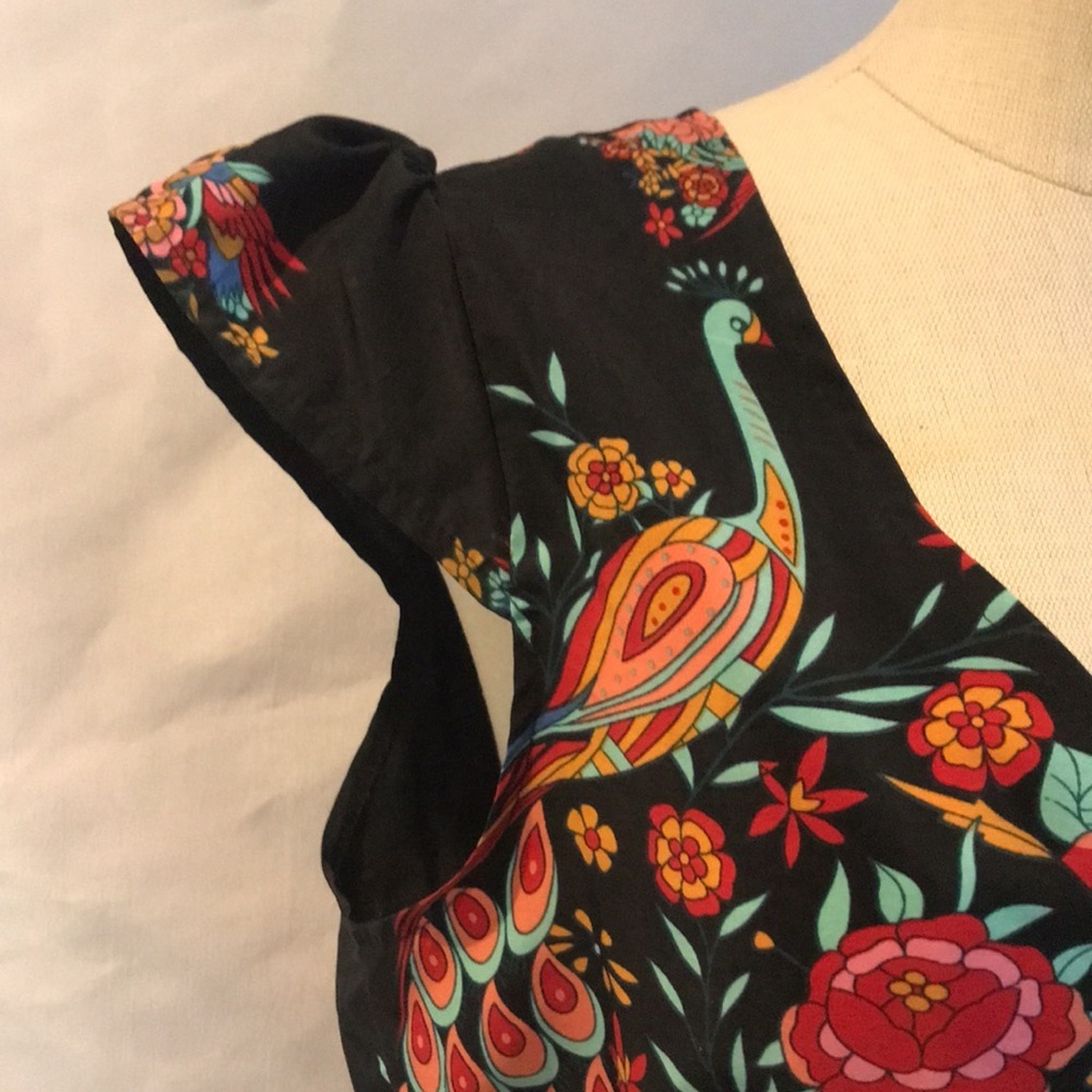 Black floral peacock colorful print short sleeves hi-low maxi dress boho gypsy M - Picture 11 of 16